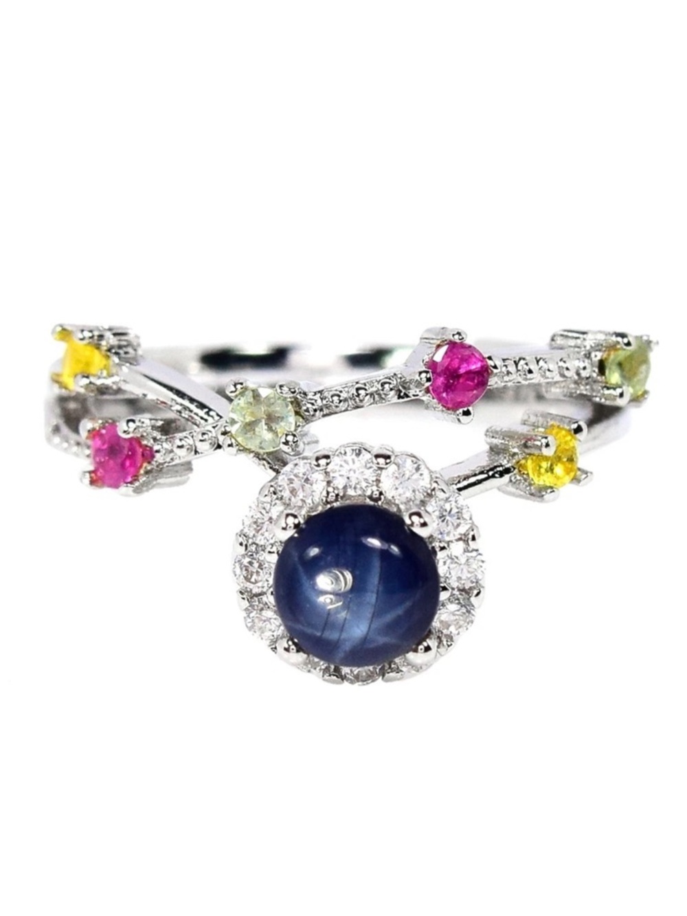 Genuine 6 Ray Blue Star Sapphire with Zircon in 925 Sterling Silver Ring Sz 6.5